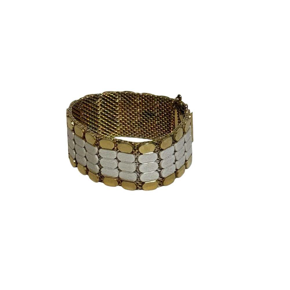 Vintage White Enameled Gold-Tone Mesh Bracelet MCM Mid Century Disco Era 1”x7”